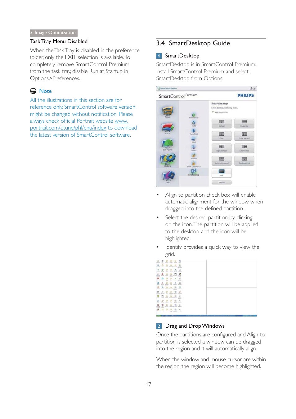 Tasktray menu disabled, Note, 3;4 smartdesktop guide | Q smartdesktop, Q draganddropwindows, 4 smartdesktop guide, 3; image optimization | Philips 271P4QPJEB-27 User Manual | Page 19 / 46