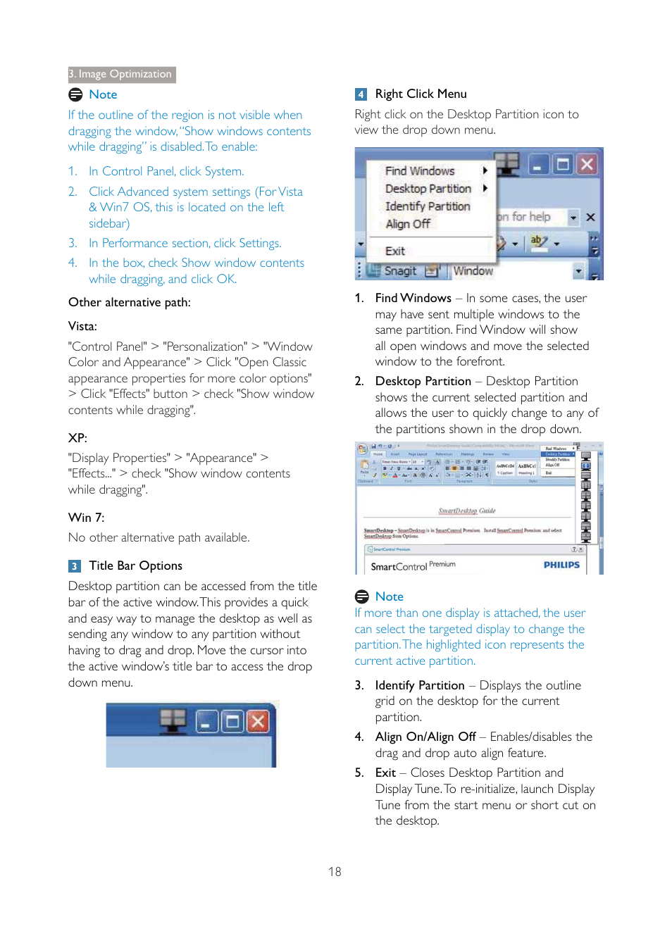 Note, Vista, Win 7 | Q title bar options, Q right click menu, Image optimization | Philips 271P4QPJEB-27 User Manual | Page 20 / 46