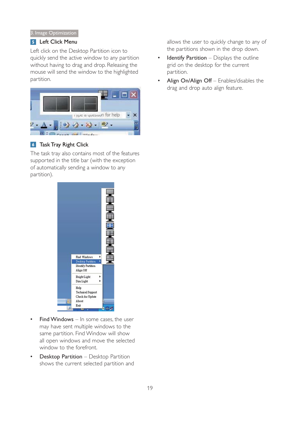 Q left click menu, Q task tray right click, 3; image optimization | Philips 271P4QPJEB-27 User Manual | Page 21 / 46