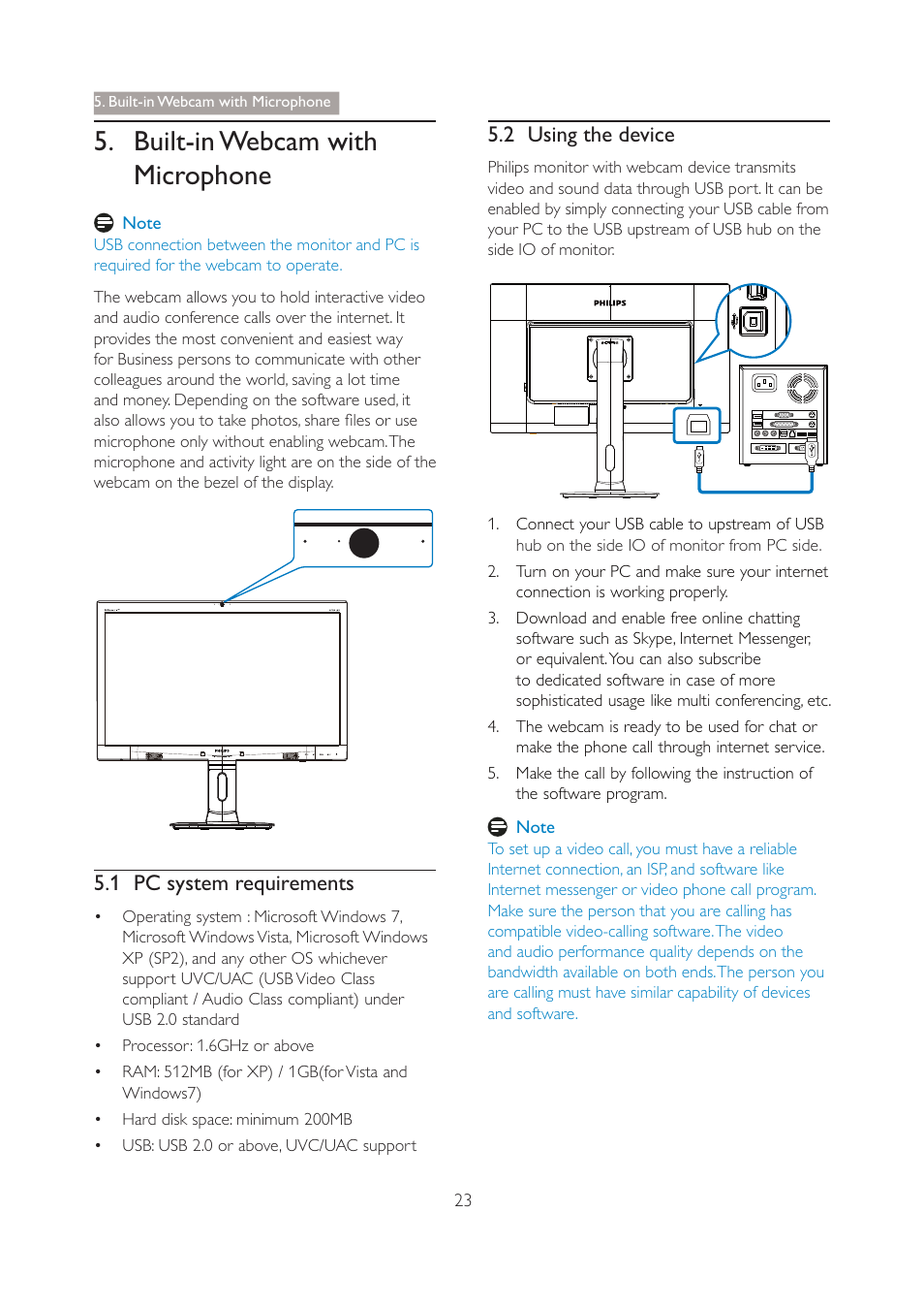 Note, 1 pc system requirements, 2 using the device | 2 usingthe device, Built-in webcamwith microphone, Built-in webcam with microphone | Philips 271P4QPJEB-27 User Manual | Page 25 / 46