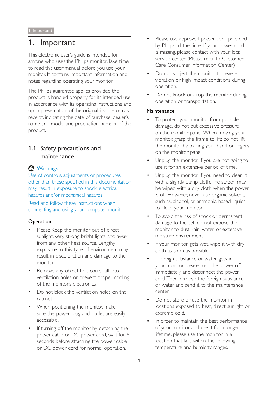 1 safety precautions and maintenance, Operation, Maintenance | Important | Philips 271P4QPJEB-27 User Manual | Page 3 / 46