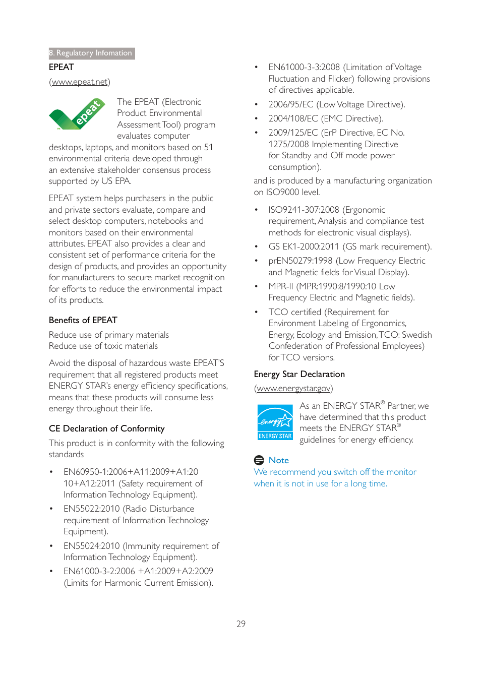 Epeat, Benefits of epeat, Ce declaration of conformity | Q note, Regulatory infomation | Philips 271P4QPJEB-27 User Manual | Page 31 / 46