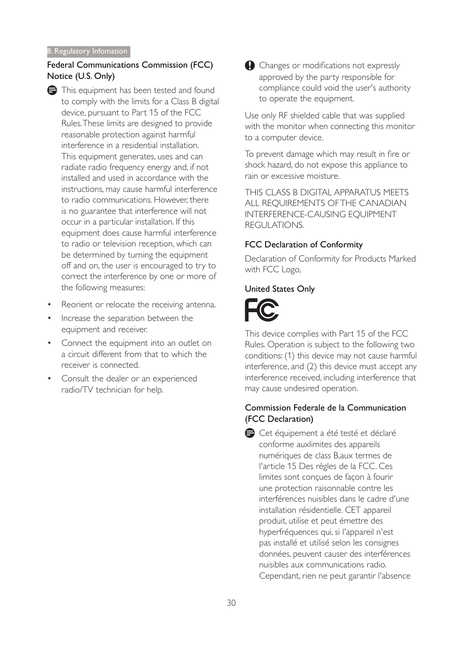 Federal communications commission (fcc), Fcc declaration of conformity, United states only | Regulatory infomation | Philips 271P4QPJEB-27 User Manual | Page 32 / 46