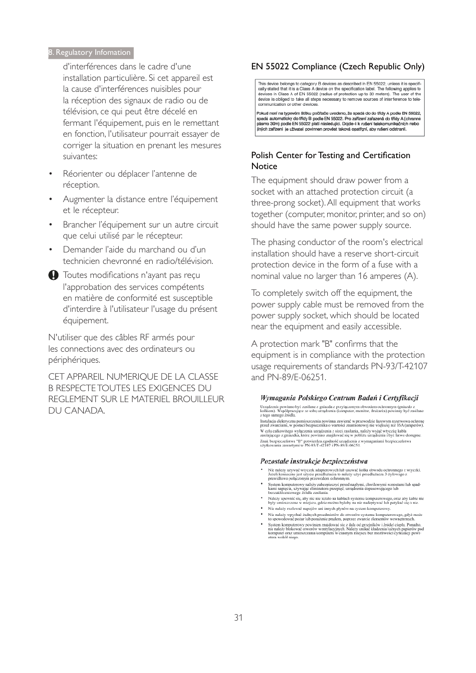 En 55022 compliance (czech republic only), Polish centerfor testing and certification notice, Regulatory infomation | Philips 271P4QPJEB-27 User Manual | Page 33 / 46