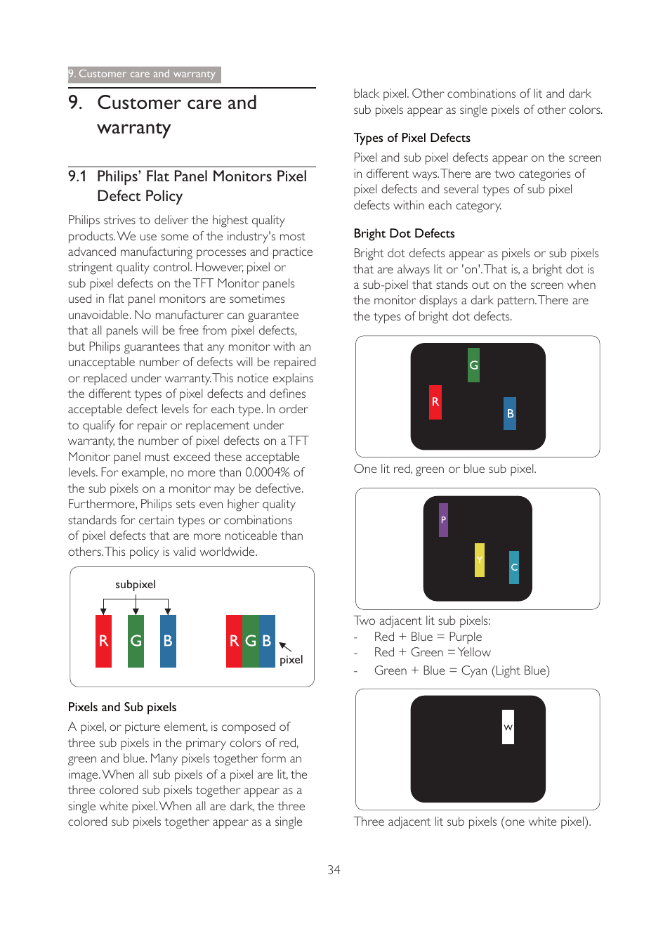 1 philips’ flat panel monitors pixel defect policy, Pixels and sub pixels, Types of pixel defects | Bright dot defects, Customer care and warranty | Philips 271P4QPJEB-27 User Manual | Page 36 / 46