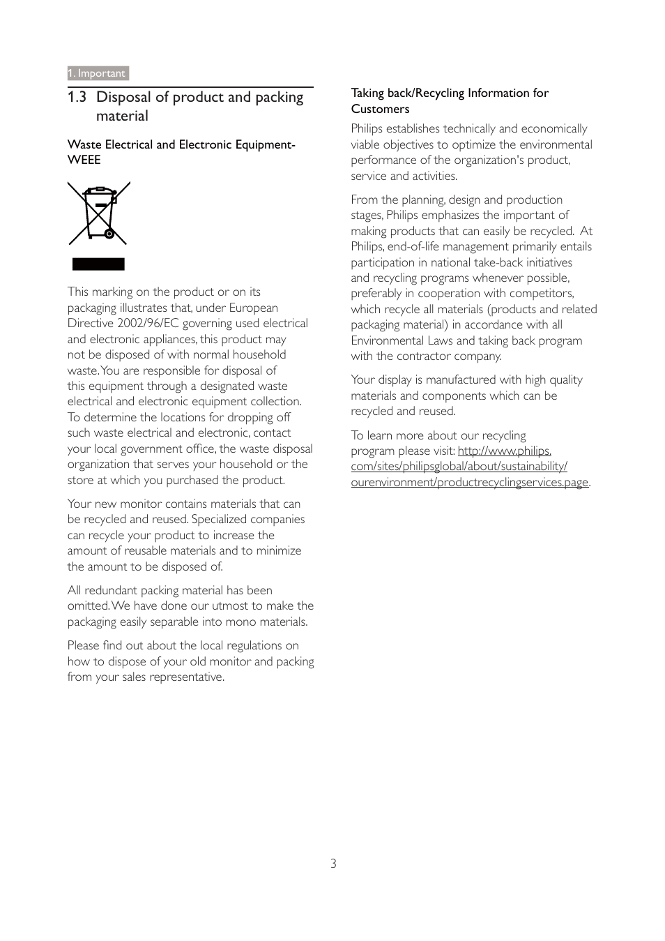 3 disposal of product and packing material, Waste electrical and electronic equipment- weee, Taking back/recycling information for customers | Important | Philips 271P4QPJEB-27 User Manual | Page 5 / 46