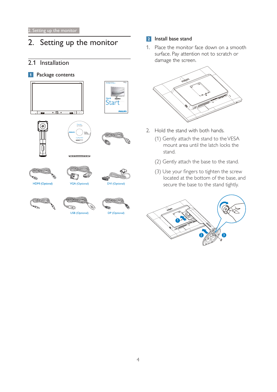 1 installation, Q package contents, Q install base stand | Start, Setting up the monitor | Philips 271P4QPJEB-27 User Manual | Page 6 / 46