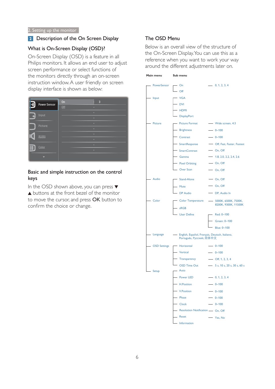 Basic and simple instruction on the control keys, The osd menu, Setting up the monitor | Philips 271P4QPJEB-27 User Manual | Page 8 / 46