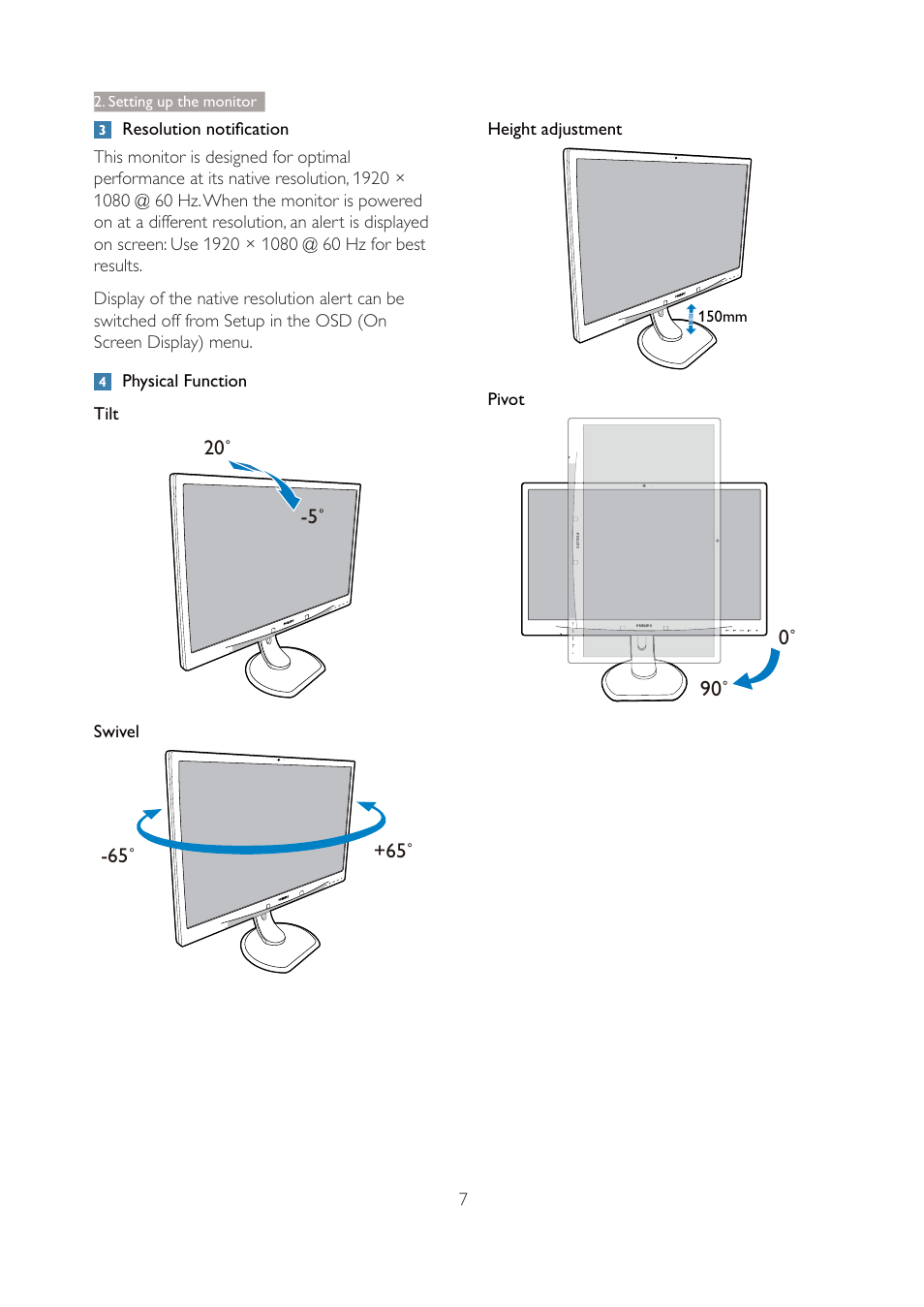 Q resolution notification, Q physical function tilt, Height adjustment | Pivot, Swivel, Setting up the monitor | Philips 271P4QPJEB-27 User Manual | Page 9 / 46