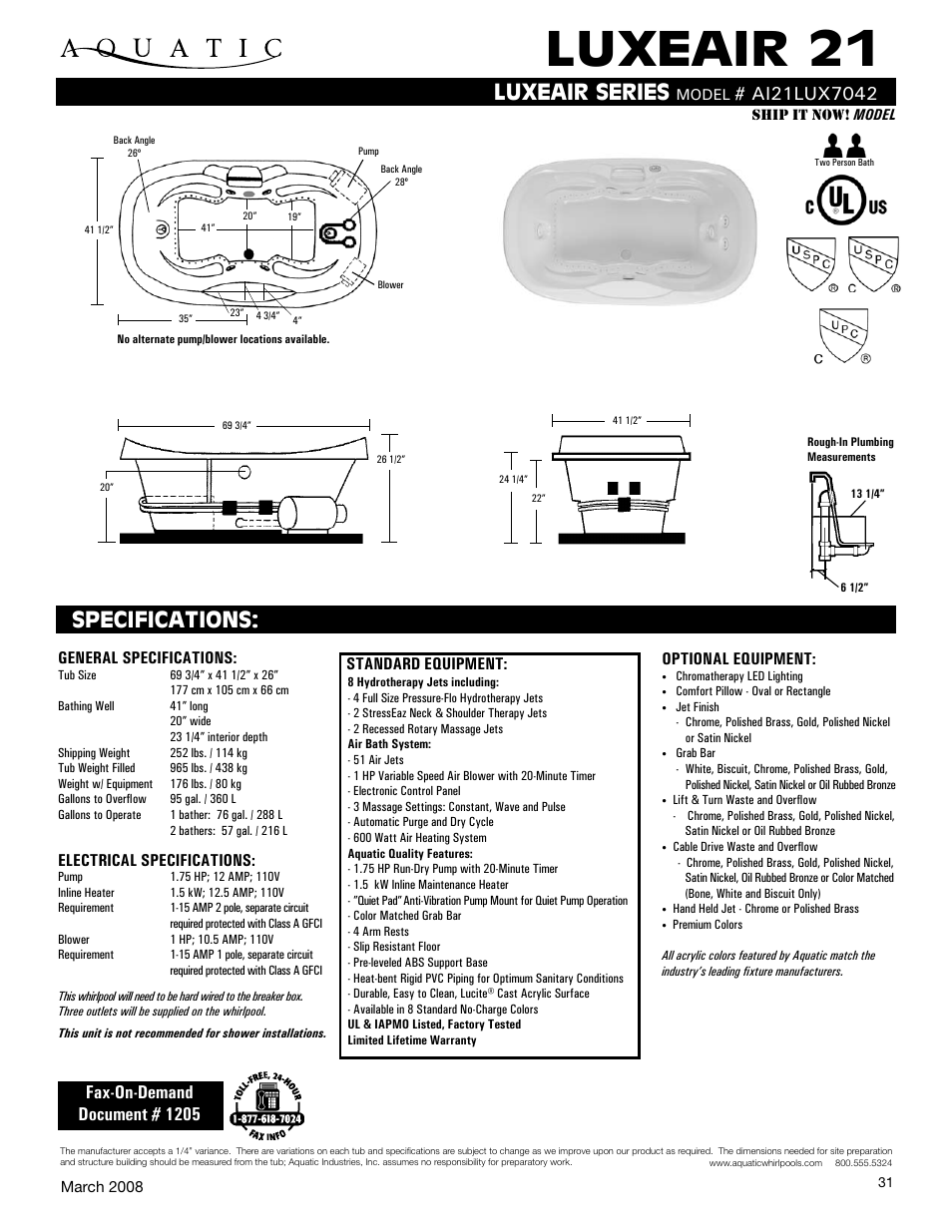 Aquatic LUXEAIR 21 ai21lux7042 User Manual | 1 page