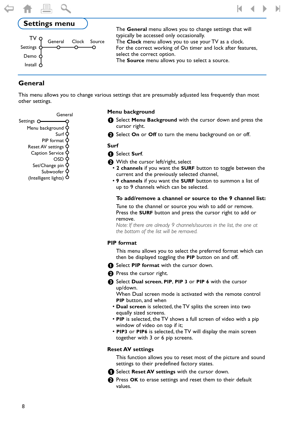 Settings menu, General, Select the menu language | Philips 32PF9996-37 User Manual | Page 12 / 38