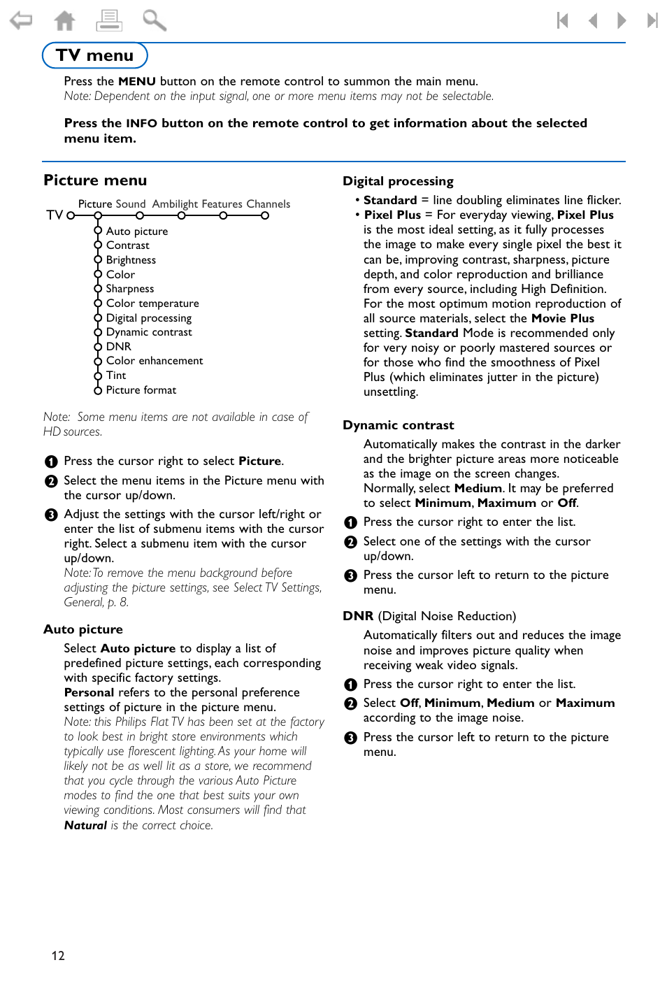 Tv menu, Picture menu | Philips 32PF9996-37 User Manual | Page 16 / 38