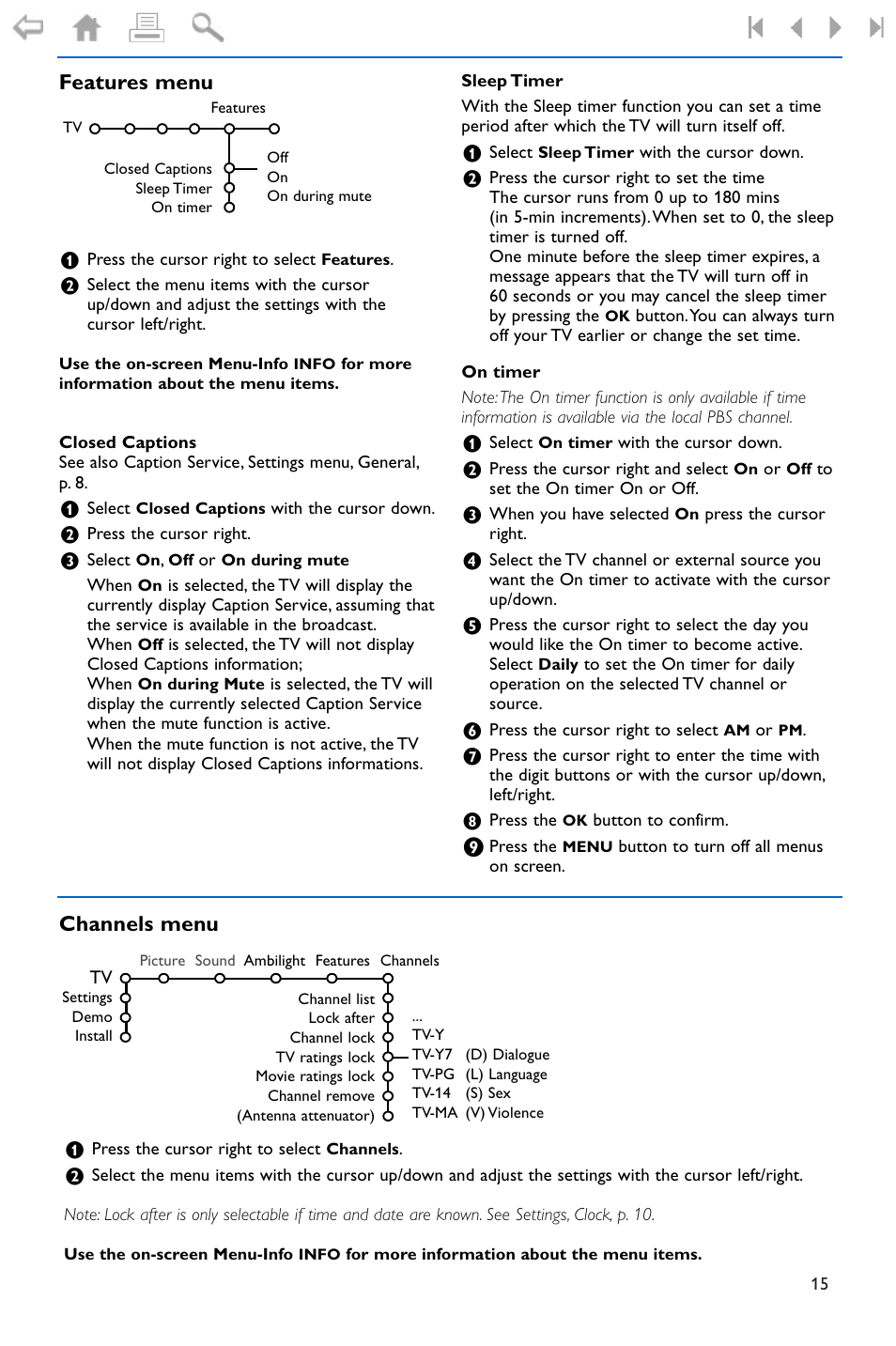 Features menu, Channels menu | Philips 32PF9996-37 User Manual | Page 19 / 38