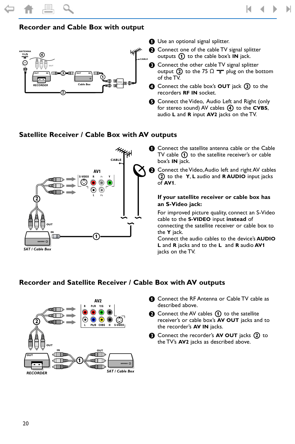 Recorder and cable box with, Satellite receiver / cable b, Recorder and satellite recei | Recorder and cable box with output, Satellite receiver / cable box with av outputs, Use an optional signal splitter, Jack, Connect the cable box’s, Jack 3 to the recorders, Socket | Philips 32PF9996-37 User Manual | Page 24 / 38