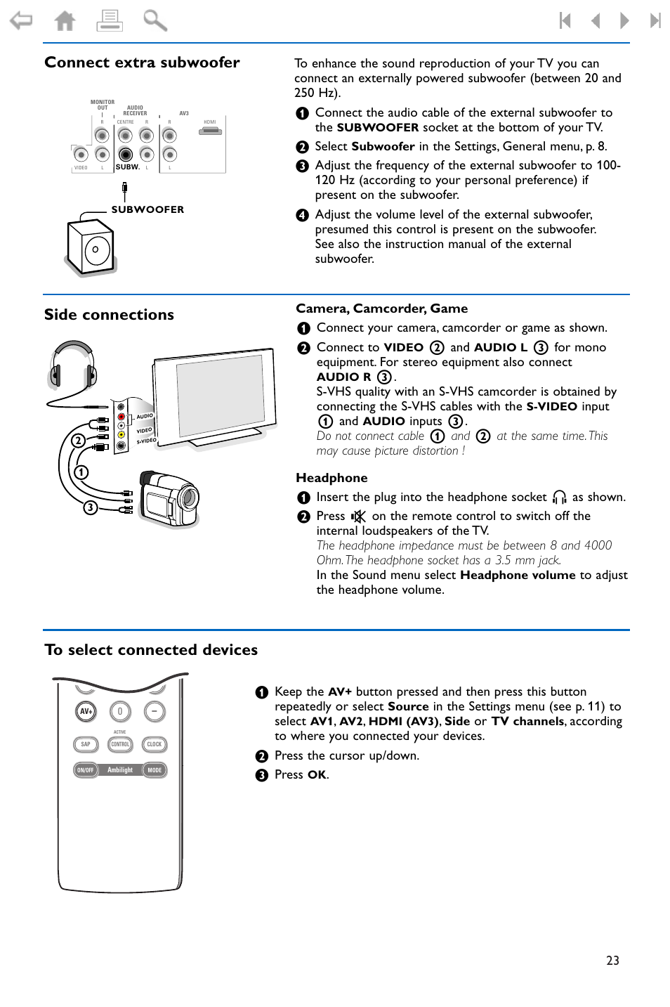 Connect extra subwoofer, Side connections, To select connected devices | Philips 32PF9996-37 User Manual | Page 27 / 38