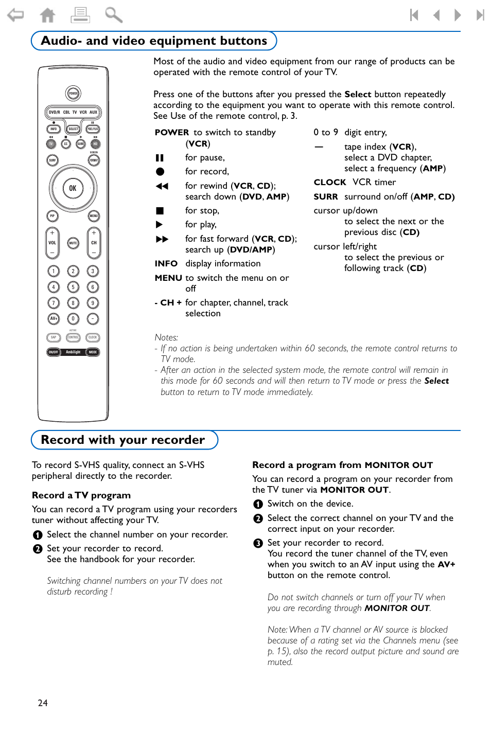 Audio- and video equipment b, Record with your recorder, Select the channel number on your recorder | Switch on the device, º for pause, ® for record, ò for rewind, Search down, For stop, π for play, † for fast forward, Search up, Display information, Select a dvd chapter, select a frequency | Philips 32PF9996-37 User Manual | Page 28 / 38