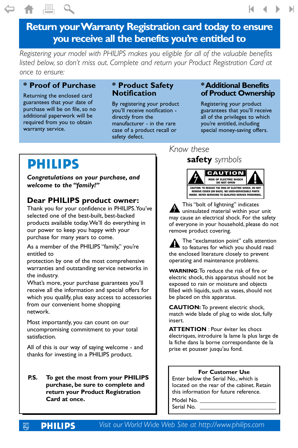 Know these safety symbols, Product safety notification, Additional benefits of product ownership | Dear philips product owner | Philips 32PF9996-37 User Manual | Page 3 / 38