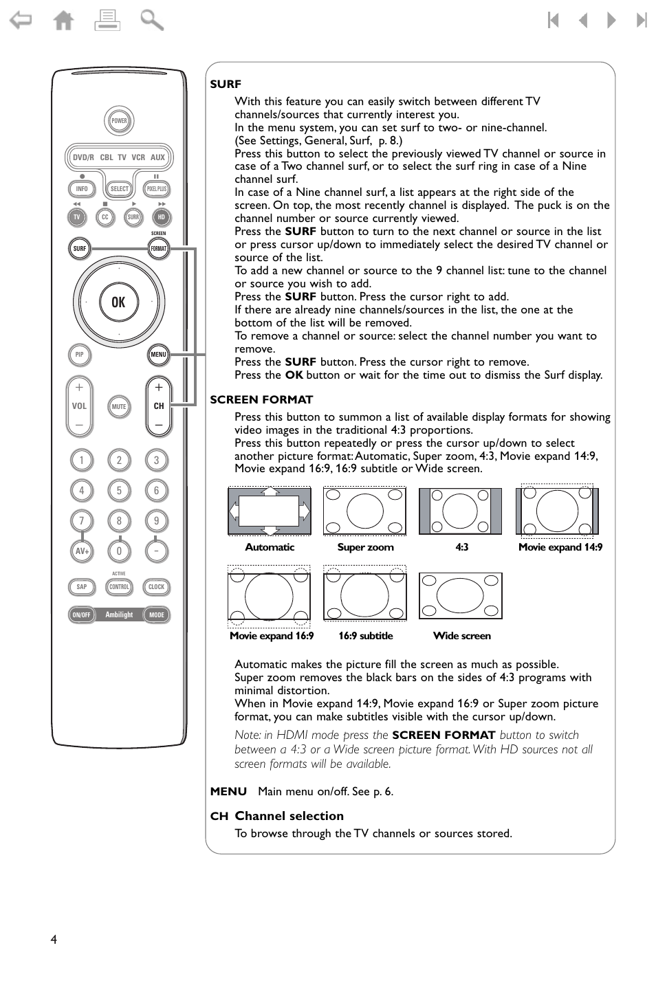 Channel selection, Main menu on/off. see p. 6 | Philips 32PF9996-37 User Manual | Page 8 / 38