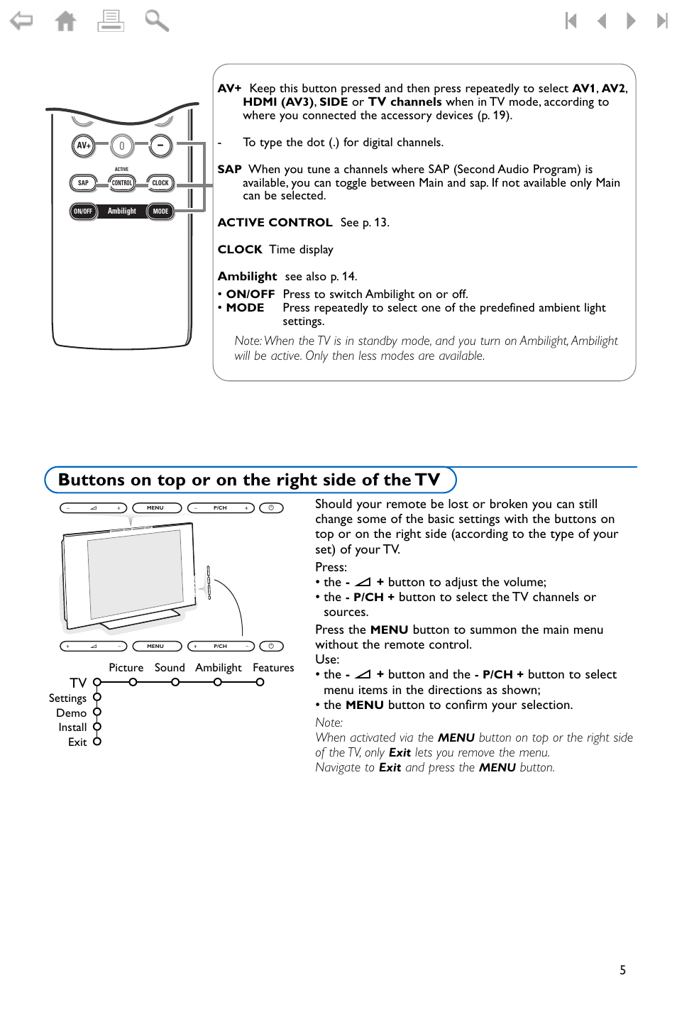 Buttons on top or on the rig, Buttons on top or on the right side of the tv | Philips 32PF9996-37 User Manual | Page 9 / 38