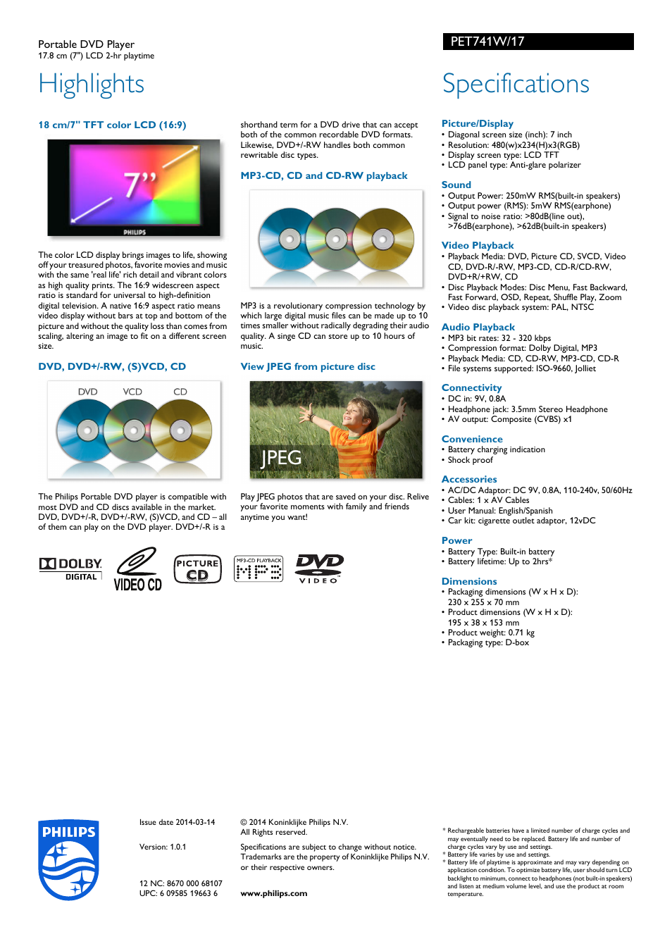 Highlights, Specifications | Philips PET741W-17 User Manual | Page 2 / 2