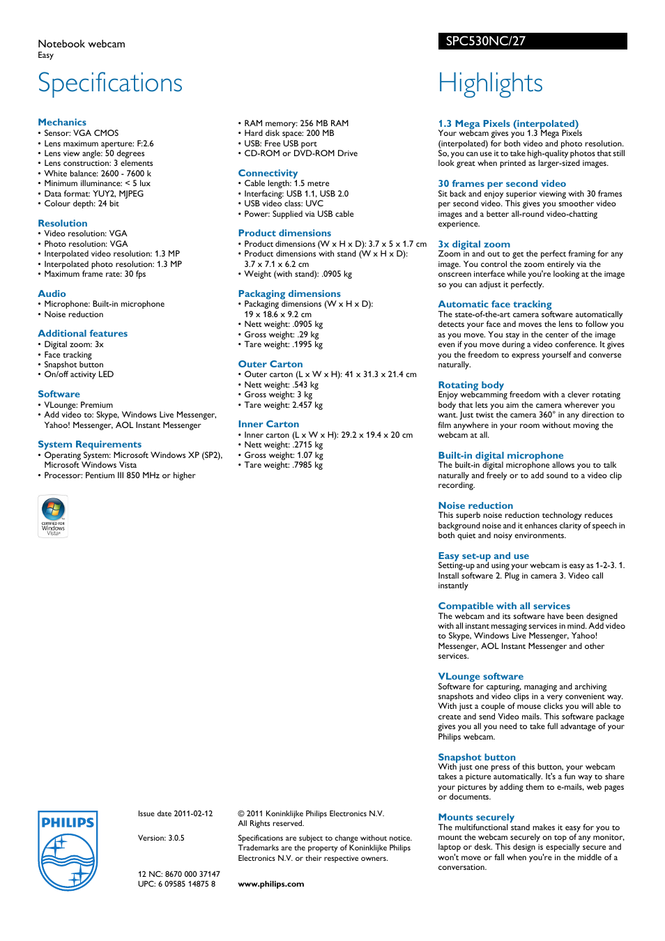 Specifications, Highlights | Philips SPC530NC-27 User Manual | Page 2 / 2