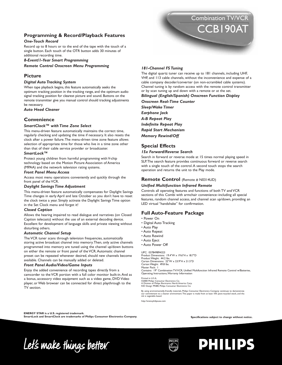 Ccb190at, Combination tv/vcr | Philips CCB190AT User Manual | Page 2 / 2