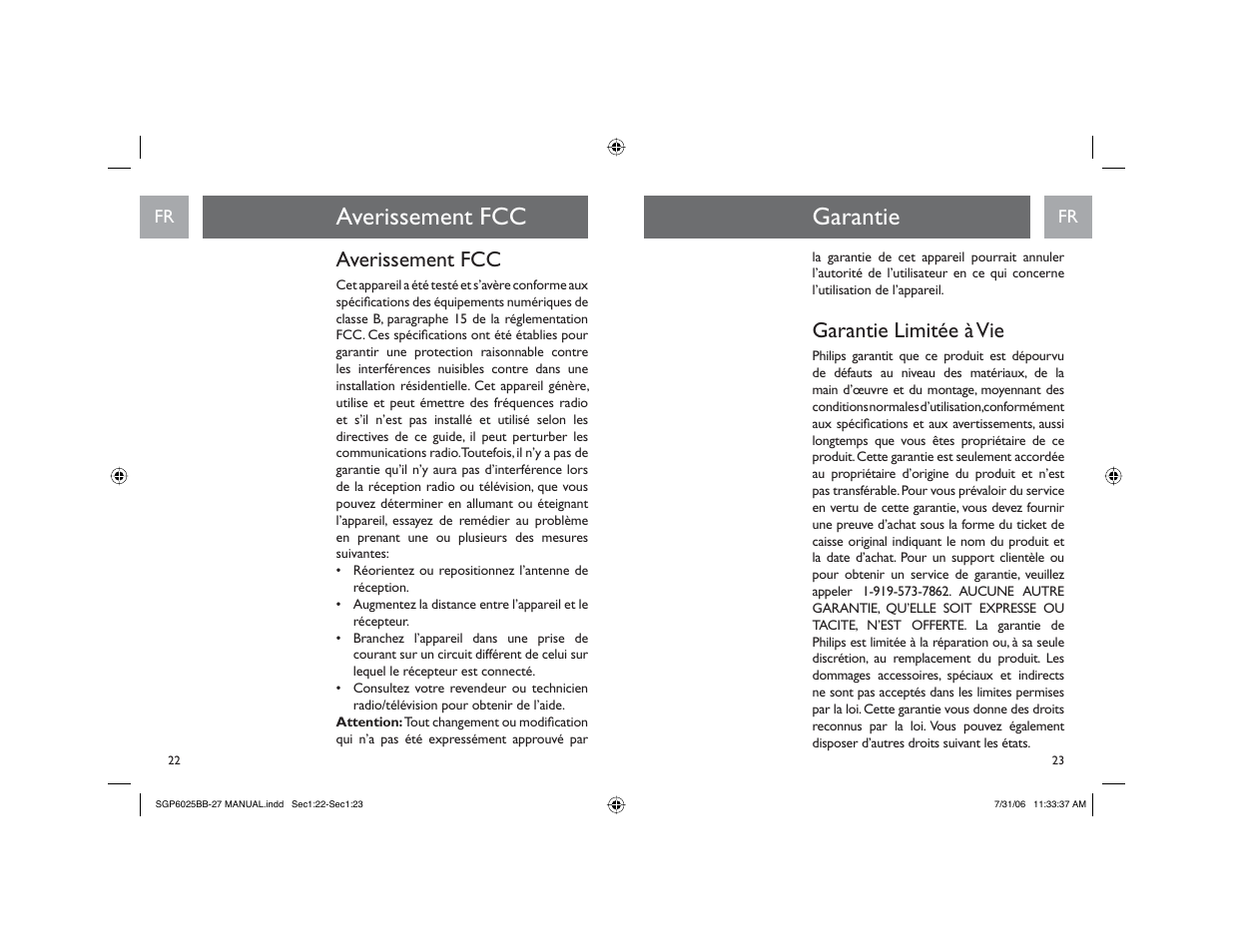 Averissement fcc garantie, Averissement fcc, Garantie limitée à vie | Philips SGP6025BB-27 User Manual | Page 12 / 19