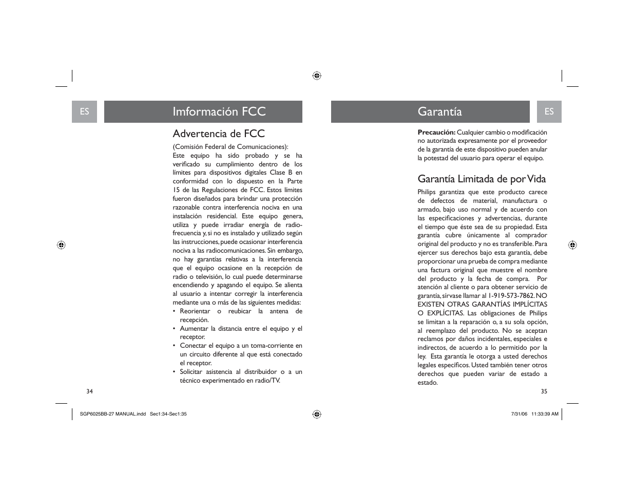 Garantía imformación fcc, Advertencia de fcc, Garantía limitada de por vida | Philips SGP6025BB-27 User Manual | Page 18 / 19