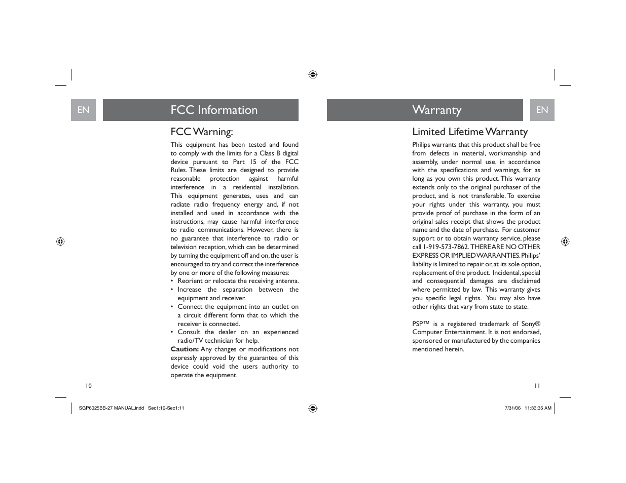 Fcc information warranty, Fcc warning, Limited lifetime warranty | Philips SGP6025BB-27 User Manual | Page 6 / 19