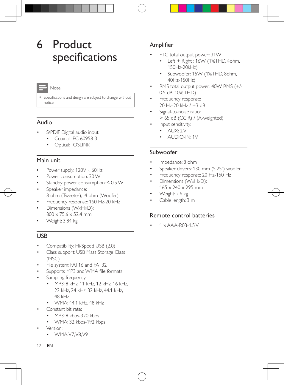 6 product specifications | Philips HTL2151-F7 User Manual | Page 11 / 15