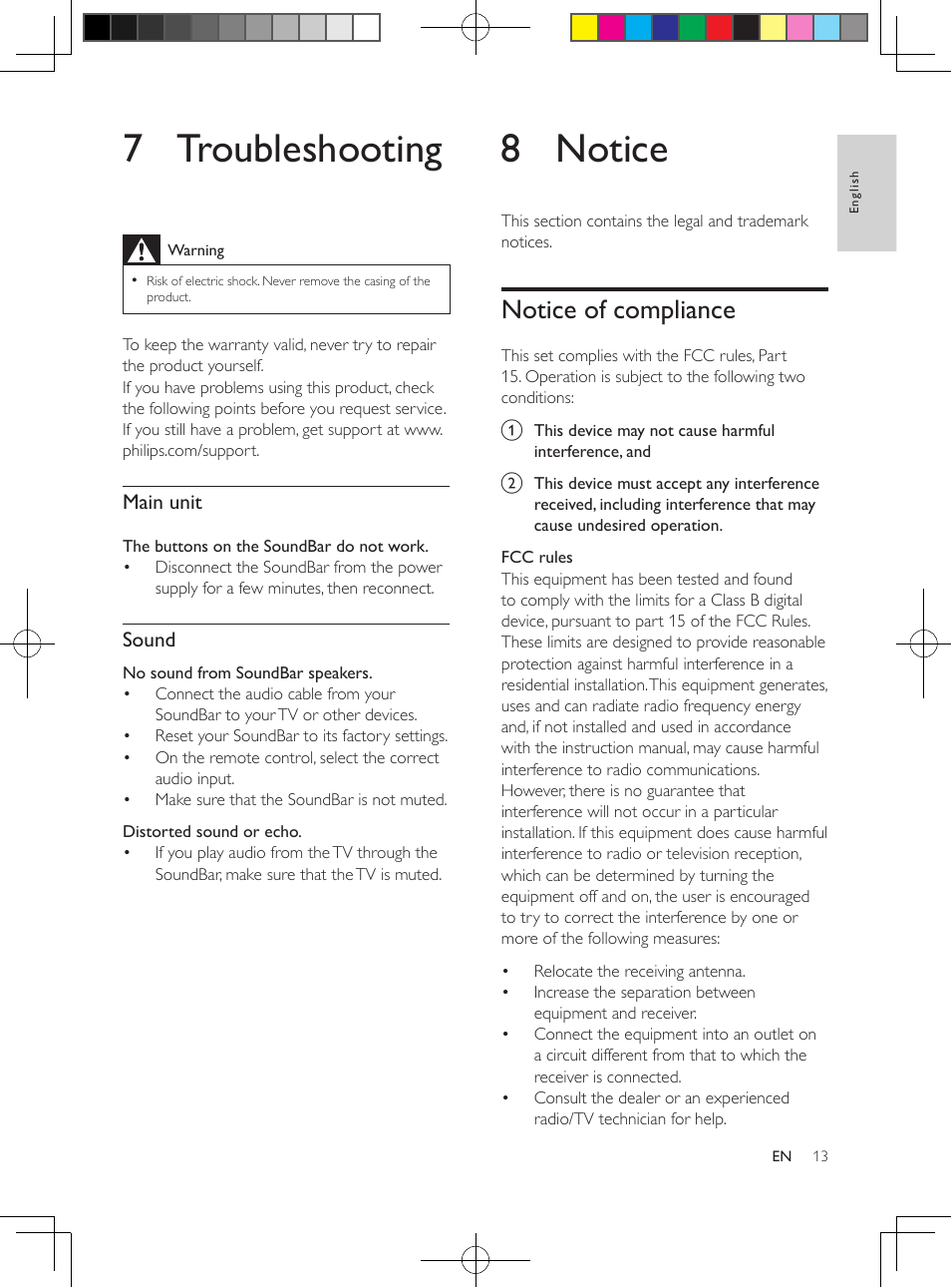 7 troubleshooting, 8 notice, Notice of compliance | Main unit, Sound | Philips HTL2151-F7 User Manual | Page 12 / 15