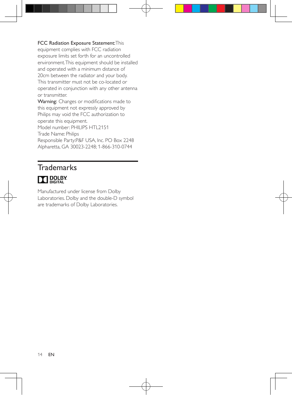 Trademarks | Philips HTL2151-F7 User Manual | Page 13 / 15