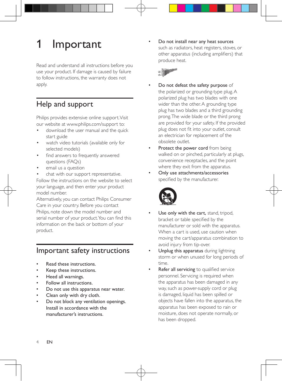 1 important, Help and support, Important safety instructions | Philips HTL2151-F7 User Manual | Page 3 / 15