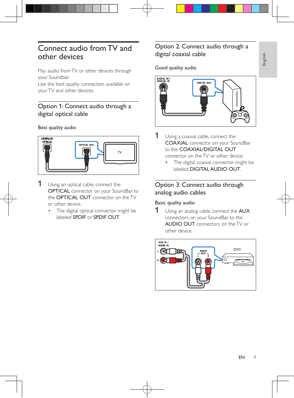 Connect audio from tv and other devices, Connect audio from tv and other, Devices | Philips HTL2151-F7 User Manual | Page 8 / 15