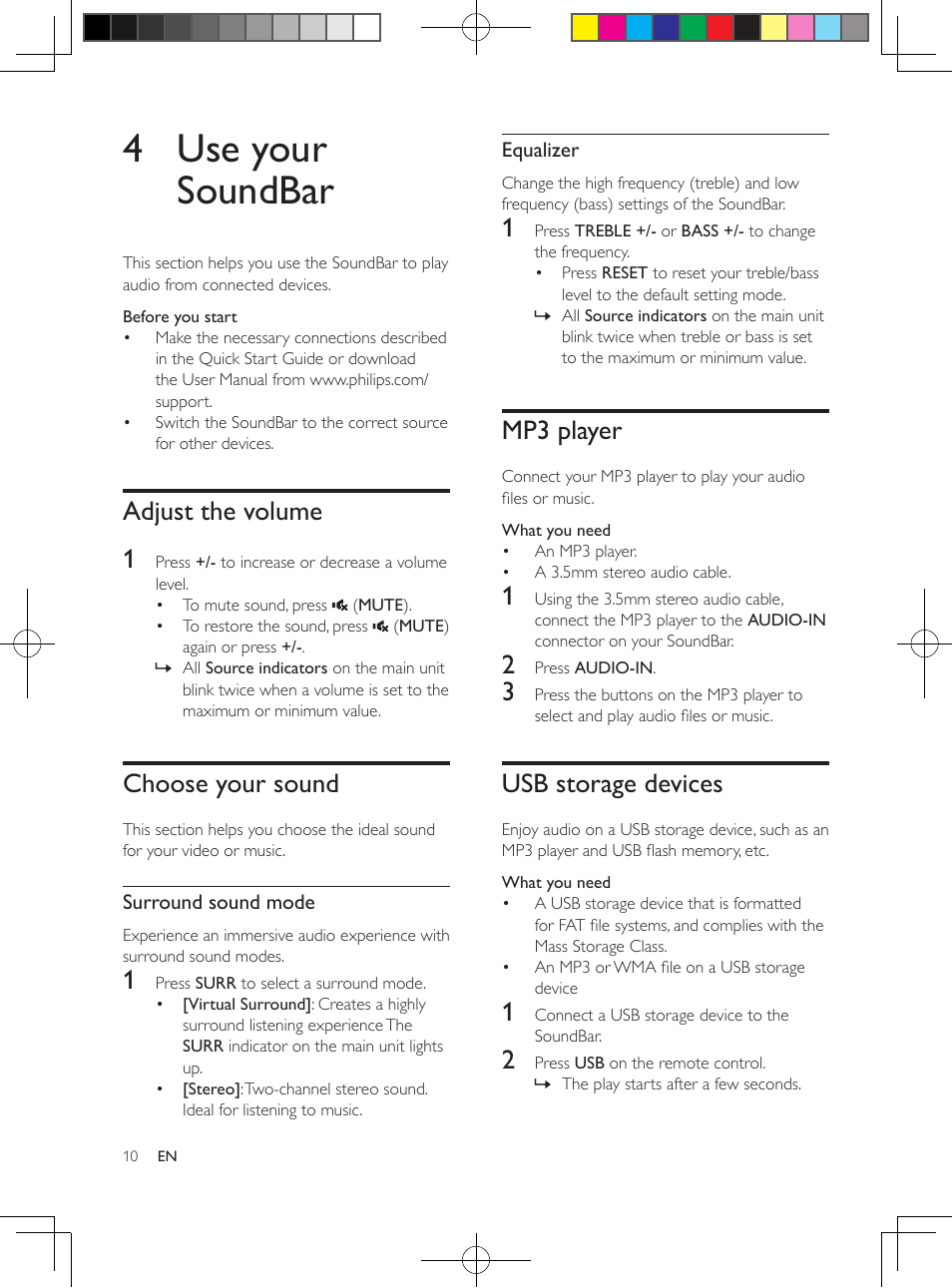4 use your soundbar, Adjust the volume, Choose your sound | Mp3 player, Usb storage devices, Adjust the volume 1 | Philips HTL2151-F7 User Manual | Page 9 / 15