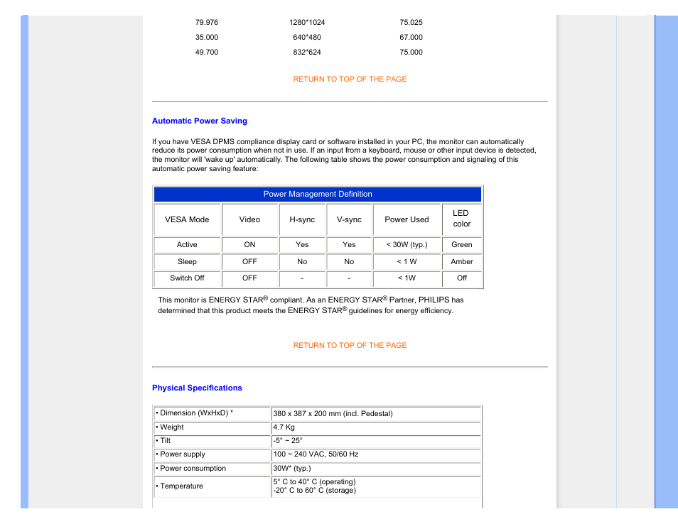 Automatic power saving, Physical specification | Philips 170V7FB-27 User Manual | Page 31 / 92