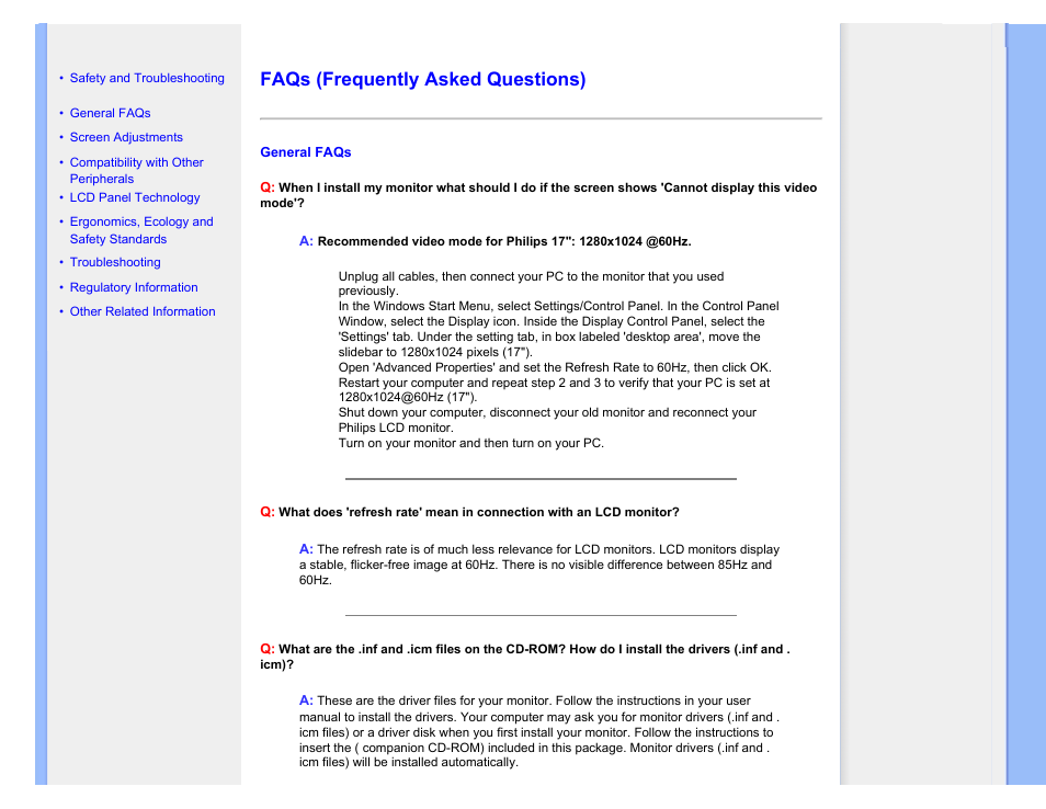 Faqs (frequently asked questions), Faqs | Philips 170V7FB-27 User Manual | Page 4 / 92