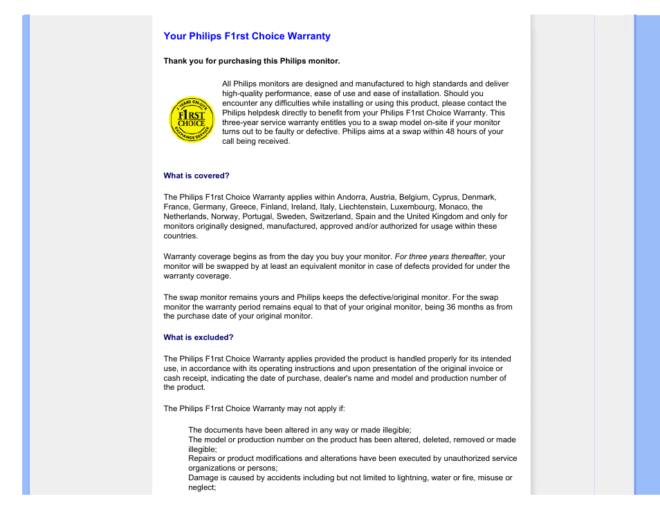 Your philips f1rst choice warranty, Austria, Belgium | Denmark, France, Germany, Greece, Finland, Ireland, Italy | Philips 170V7FB-27 User Manual | Page 58 / 92