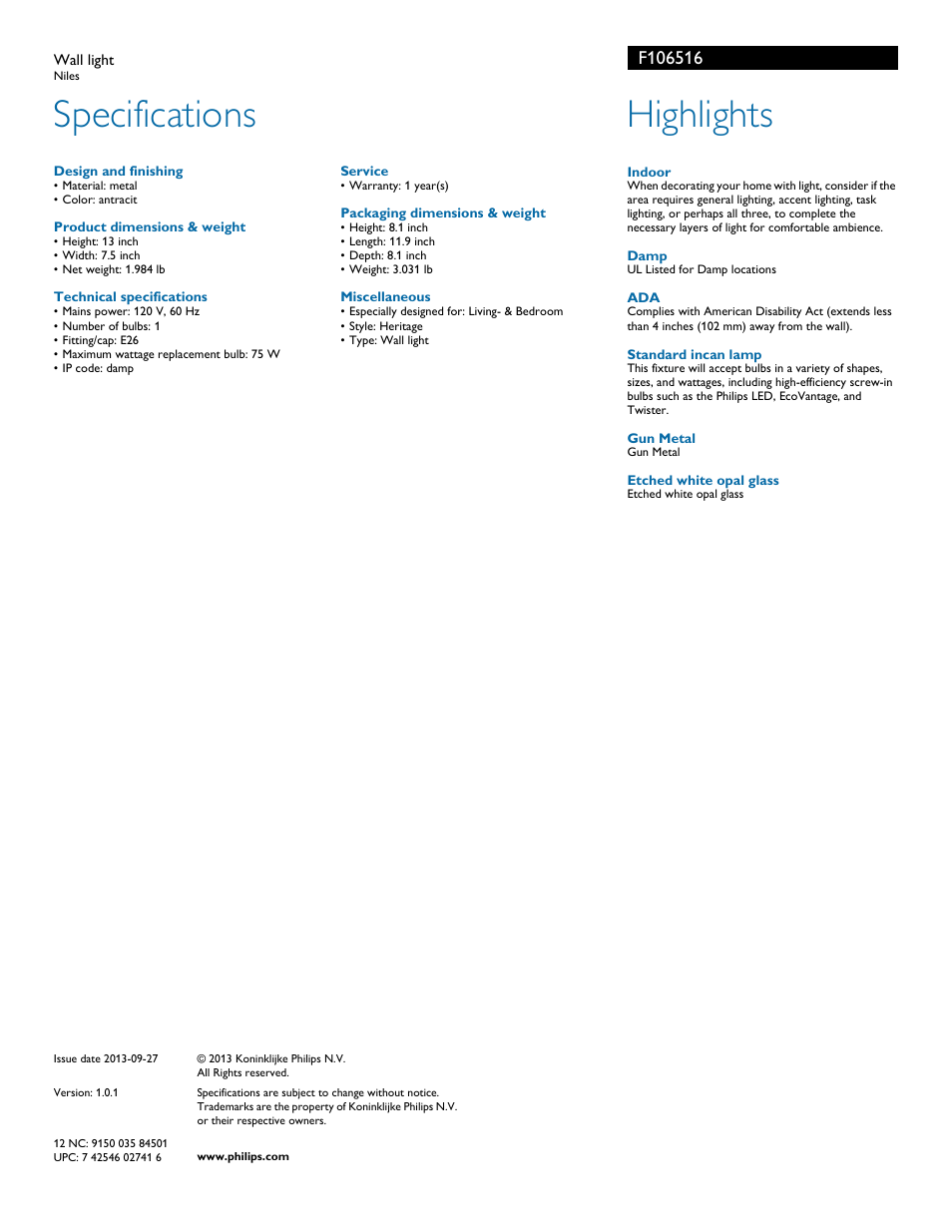 Specifications, Highlights | Philips F106516 User Manual | Page 2 / 2