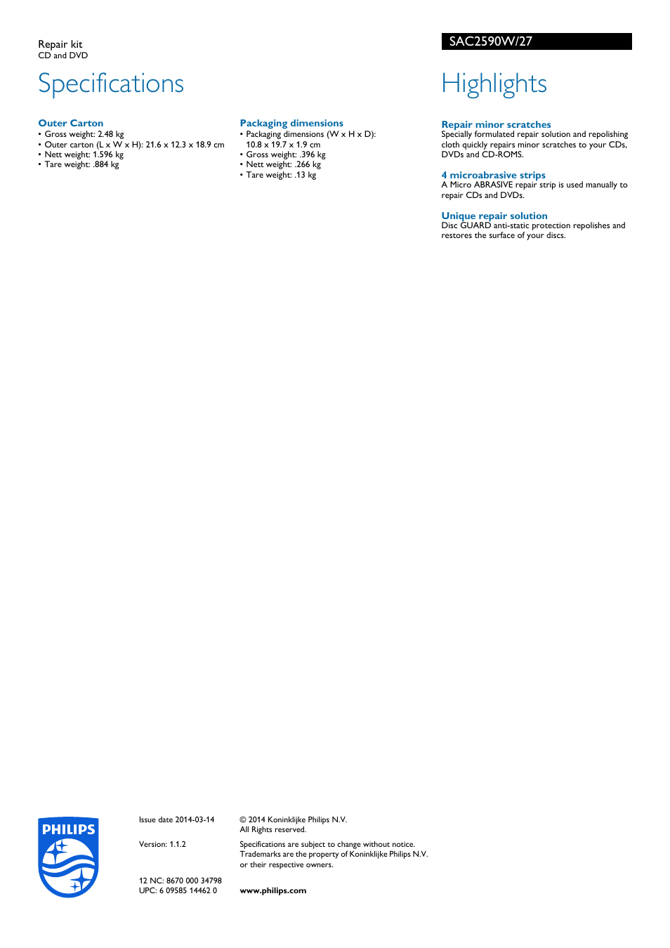 Specifications, Highlights | Philips SAC2590W-27 User Manual | Page 2 / 2