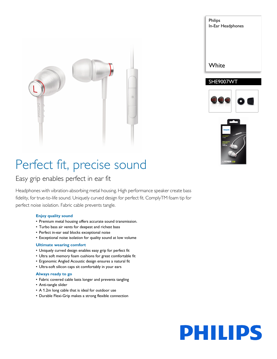 Philips SHE9007WT-00 User Manual | 2 pages