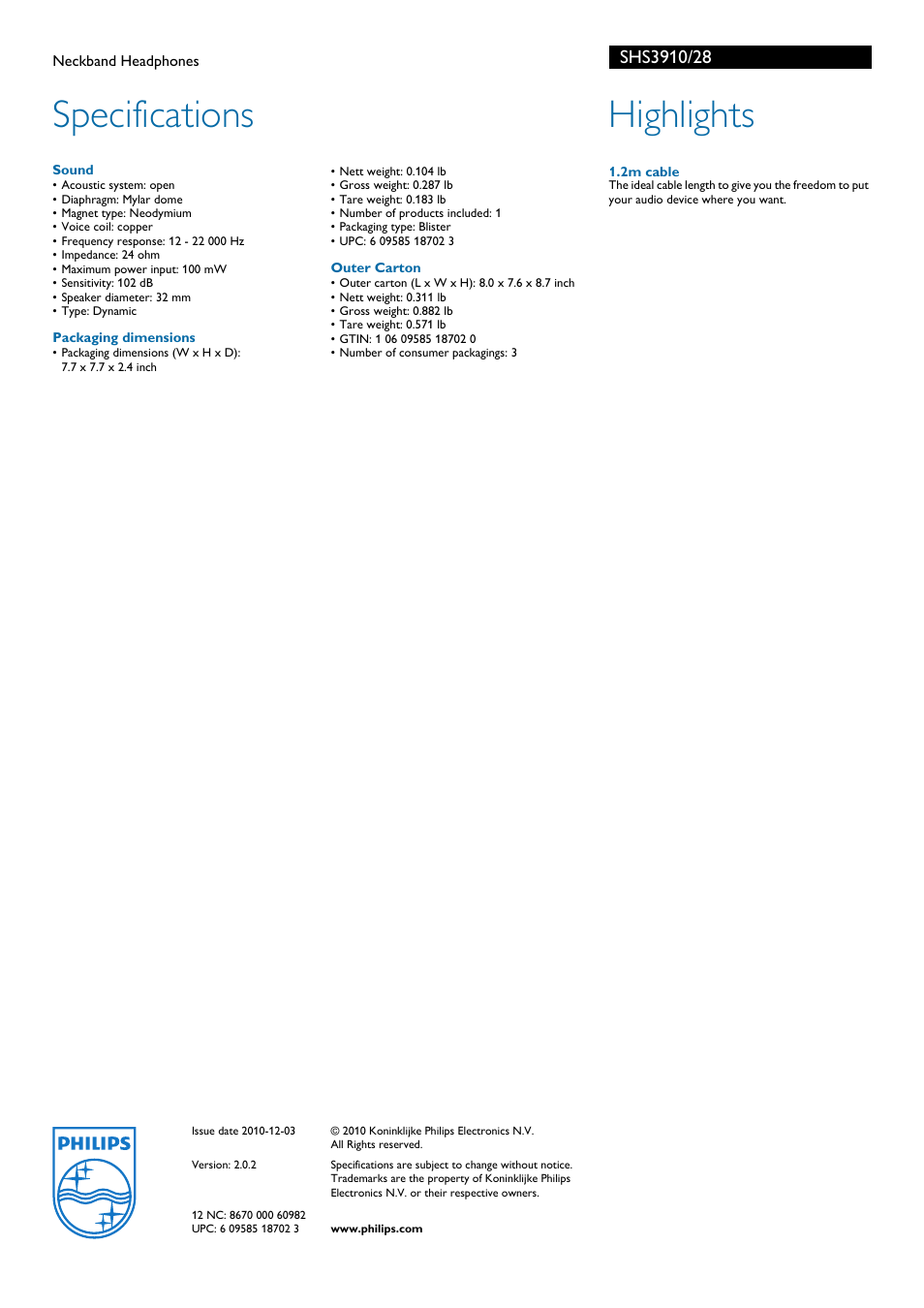 Specifications, Highlights | Philips SHS3910-28 User Manual | Page 2 / 2