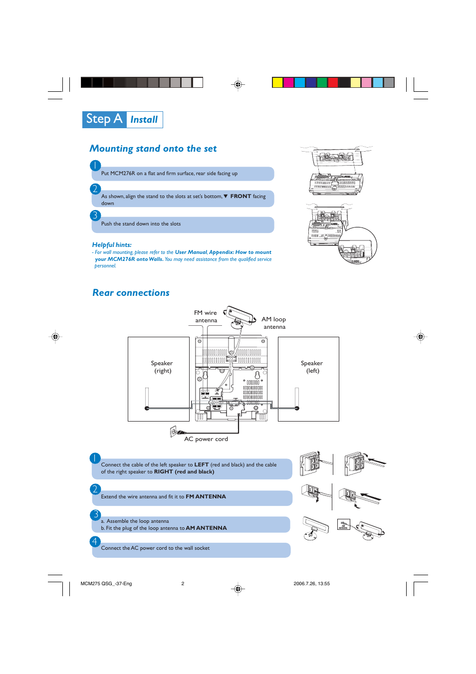 2install mounting stand onto the set 1 2 3, Rear connections 3 | Philips MCM276R-37 User Manual | Page 2 / 4