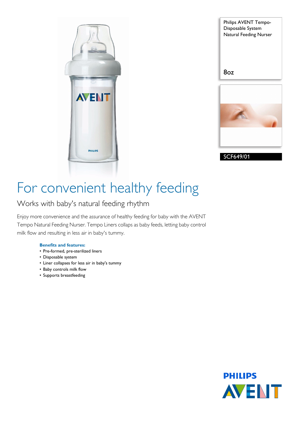 Philips AVENT Tempo- Disposable System Natural Feeding Nurser SCF649-01 8oz User Manual | 2 pages
