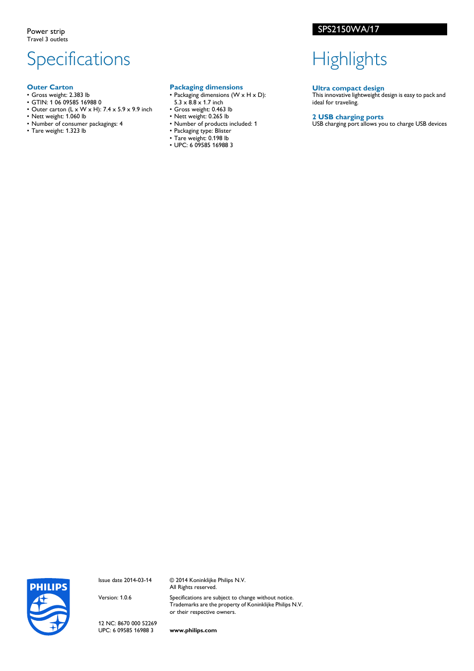 Specifications, Highlights | Philips SPS2150WA-17 User Manual | Page 2 / 2