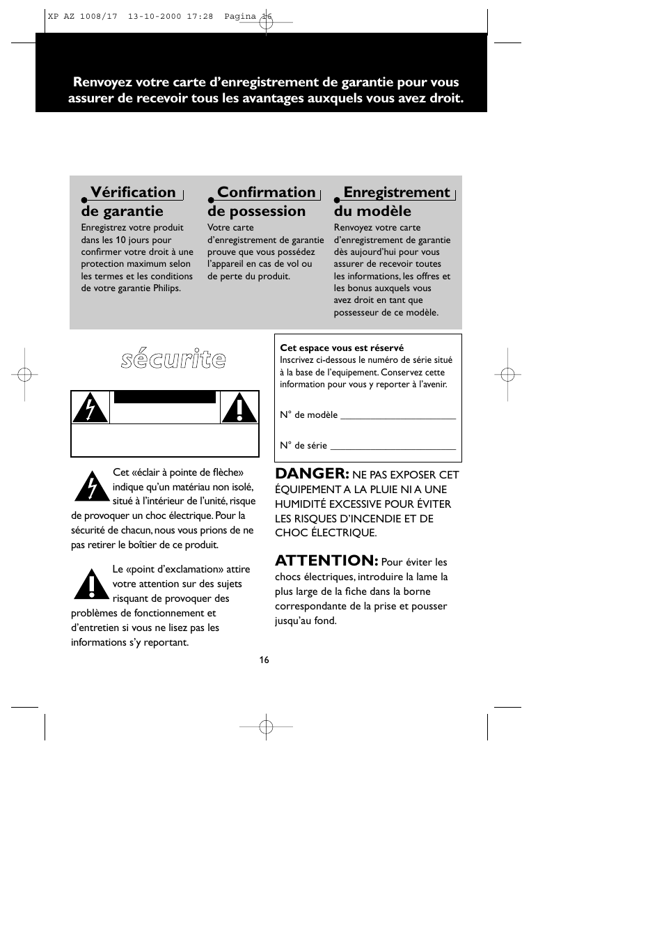 Ssé éccu urriitte e, Vérification de garantie, Confirmation de possession | Enregistrement du modèle, Danger, Attention | Philips AZ1011 User Manual | Page 16 / 42