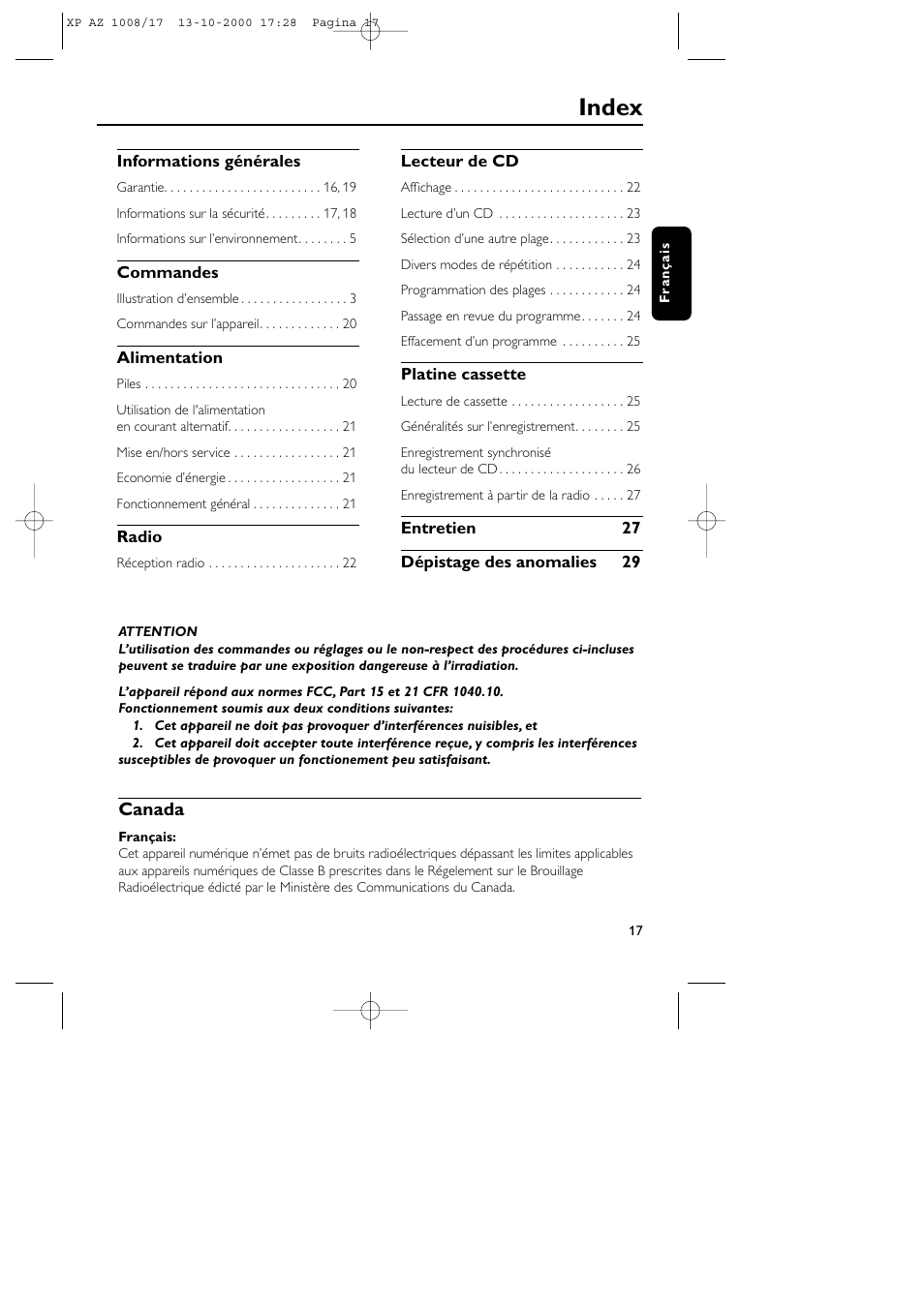 Index, Canada | Philips AZ1011 User Manual | Page 17 / 42
