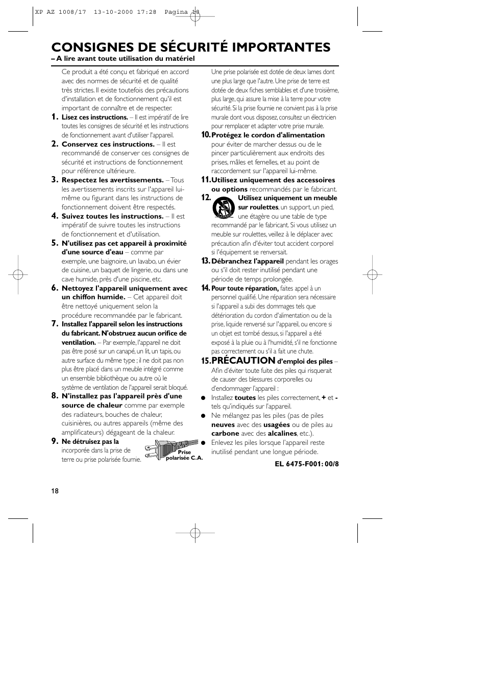 Consignes de sécurité importantes, Précaution | Philips AZ1011 User Manual | Page 18 / 42