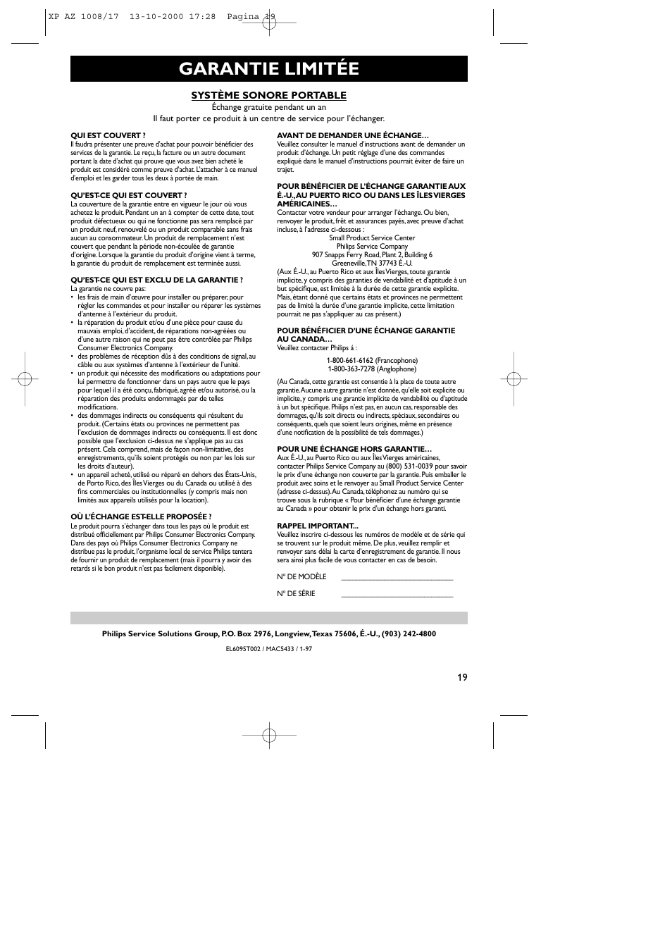 Garantie limitée | Philips AZ1011 User Manual | Page 19 / 42