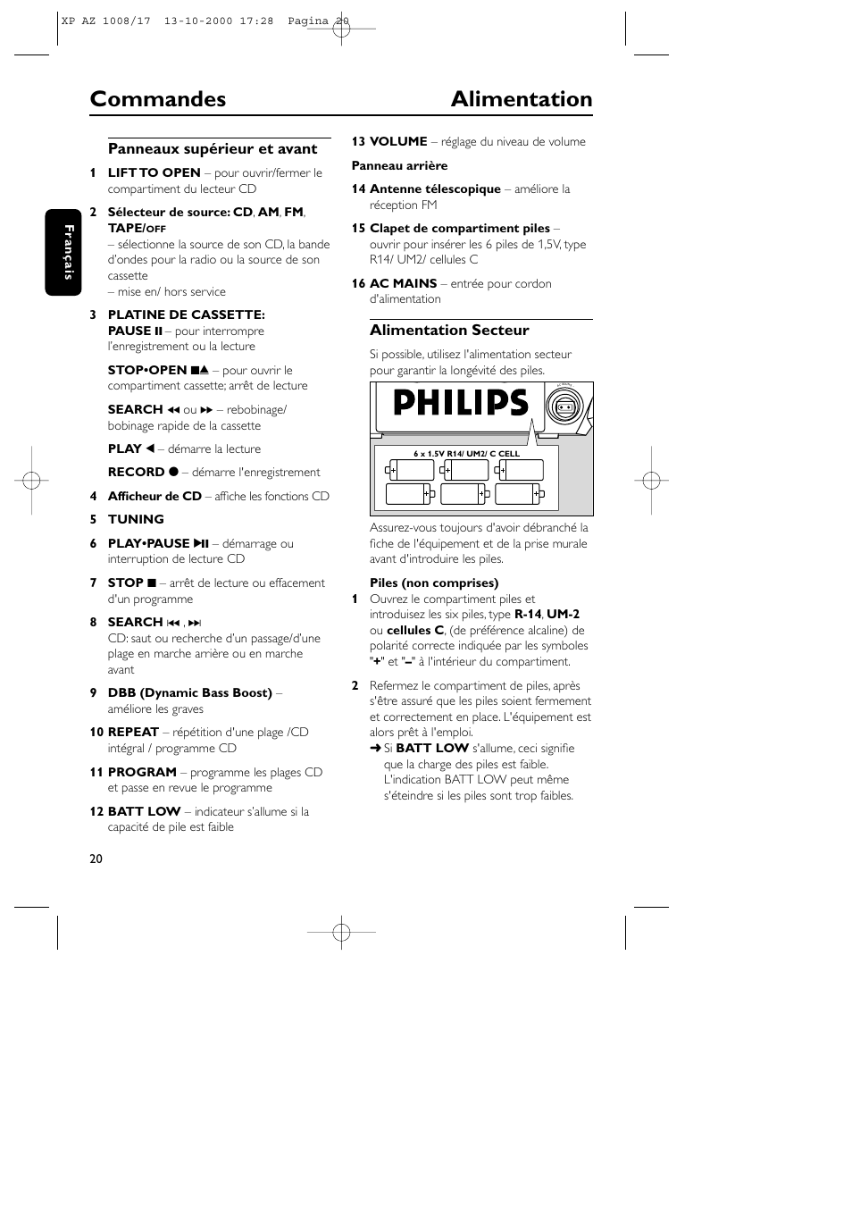 Commandes alimentation | Philips AZ1011 User Manual | Page 20 / 42